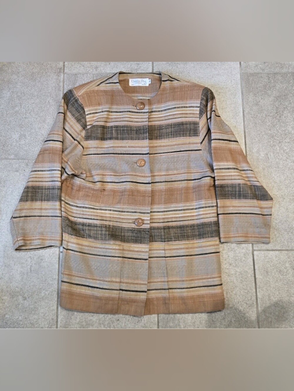 VTG Christian Dior Separates Striped Linen Collarless Jacket Blazer Womens 10